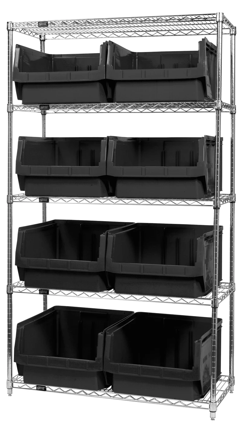 Quantum WR5-543BK Bin Wire Shelving System, 42"W x 18"D x 74"H, 800 lb capacity, Chrome