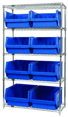 Quantum WR5-543BL Bin Wire Shelving System, 42"W x 18"D x 74"H, 800 lb capacity, Chrome