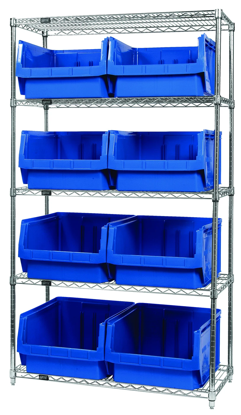 Quantum WR5-543BL Bin Wire Shelving System, 42"W x 18"D x 74"H, 800 lb capacity, Chrome