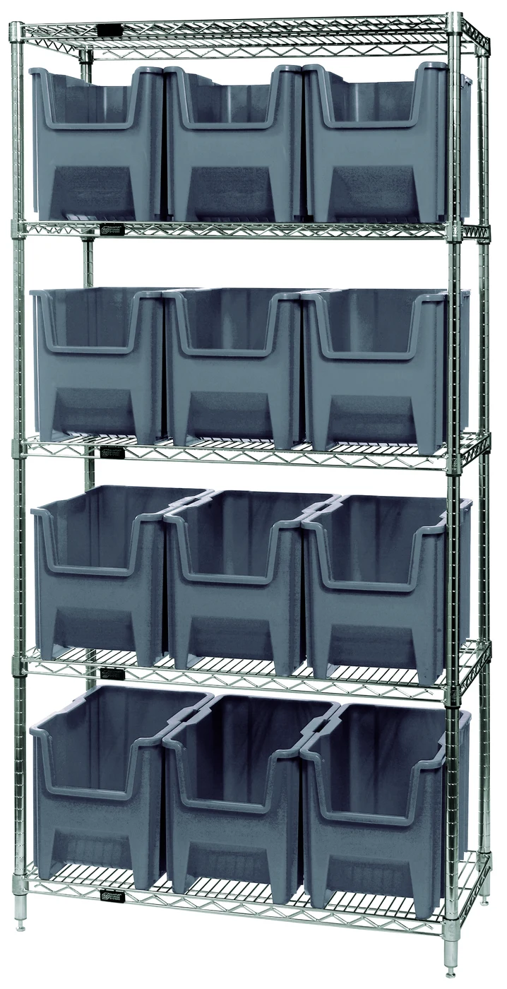 Quantum WR5-600GY Bin Wire Shelving System, 36"W x 18"D x 74"H, 800 lb capacity, Chrome