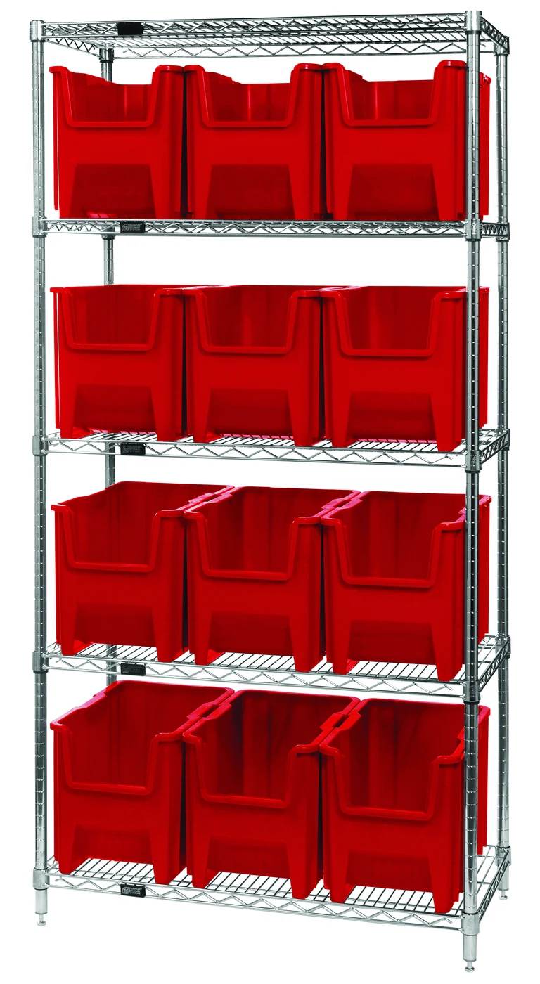 Quantum WR5-600RD Bin Wire Shelving System, 36"W x 18"D x 74"H, 800 lb capacity, Chrome