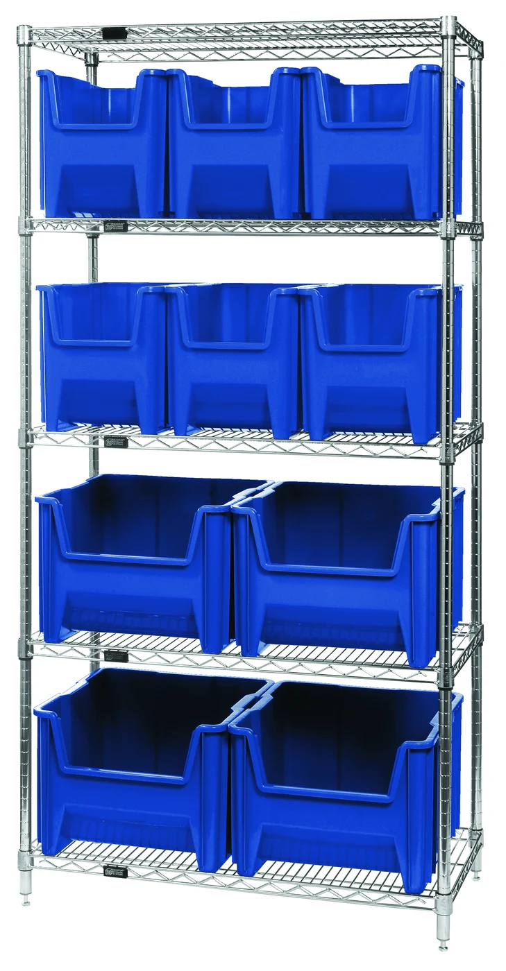 Quantum WR5-600800BL Bin Wire Shelving System, 36"W x 18"D x 74"H, 800 lb capacity, Chrome