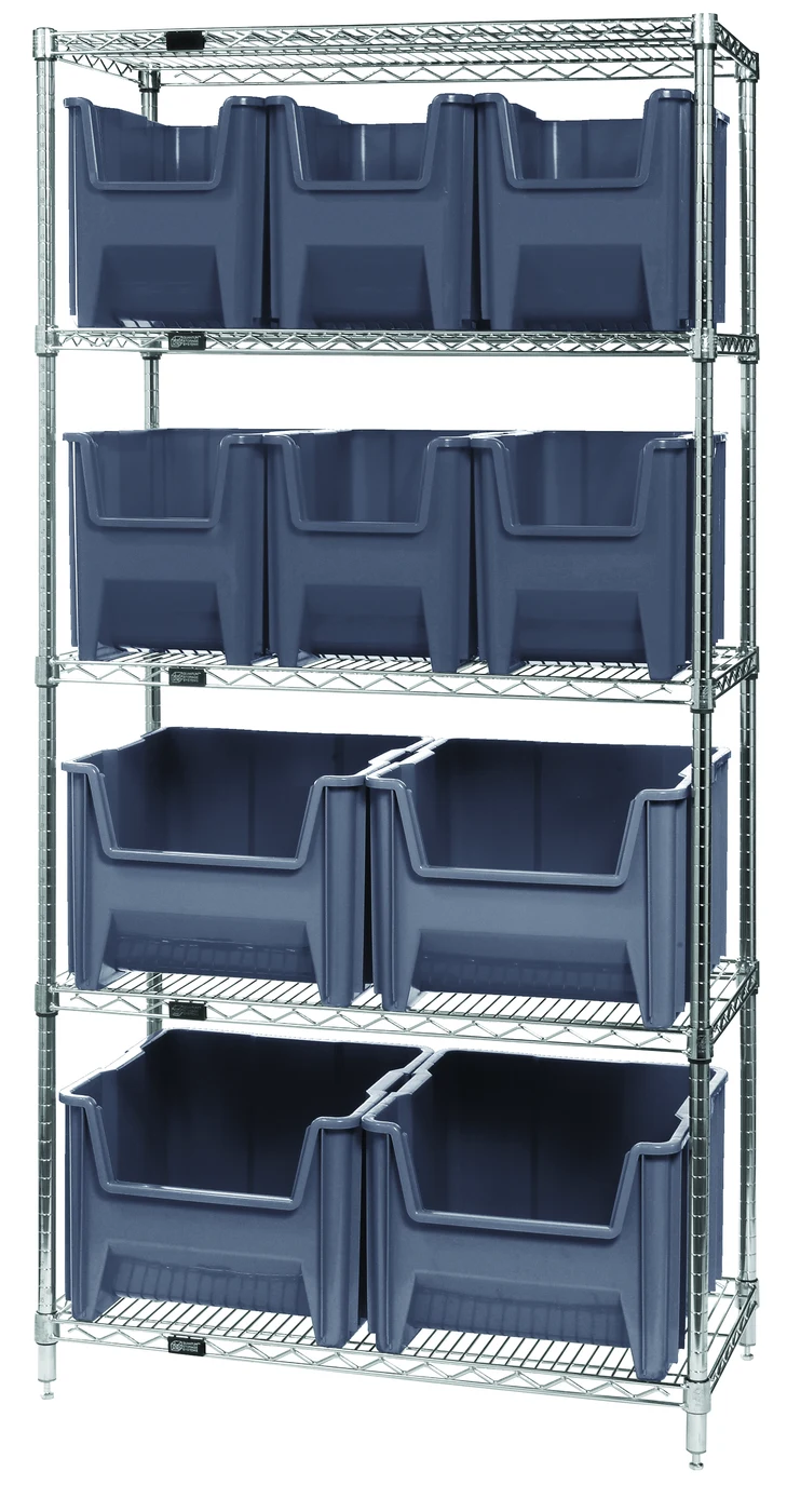 Quantum WR5-600800GY Bin Wire Shelving System, 36"W x 18"D x 74"H, 800 lb capacity, Chrome