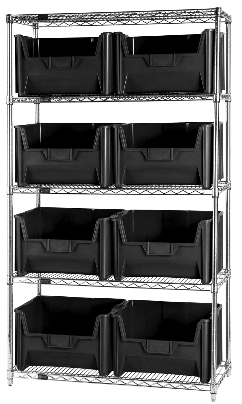 Quantum WR5-700BK Bin Wire Shelving System, 42"W x 18"D x 74"H, 800 lb capacity, Chrome