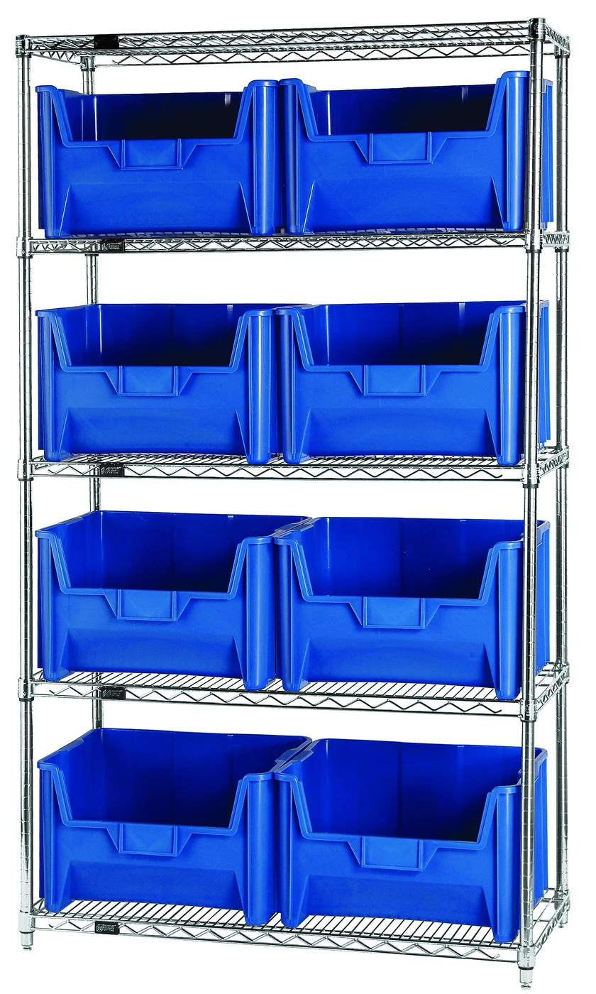 Quantum WR5-700BL Bin Wire Shelving System, 42"W x 18"D x 74"H, 800 lb capacity, Chrome