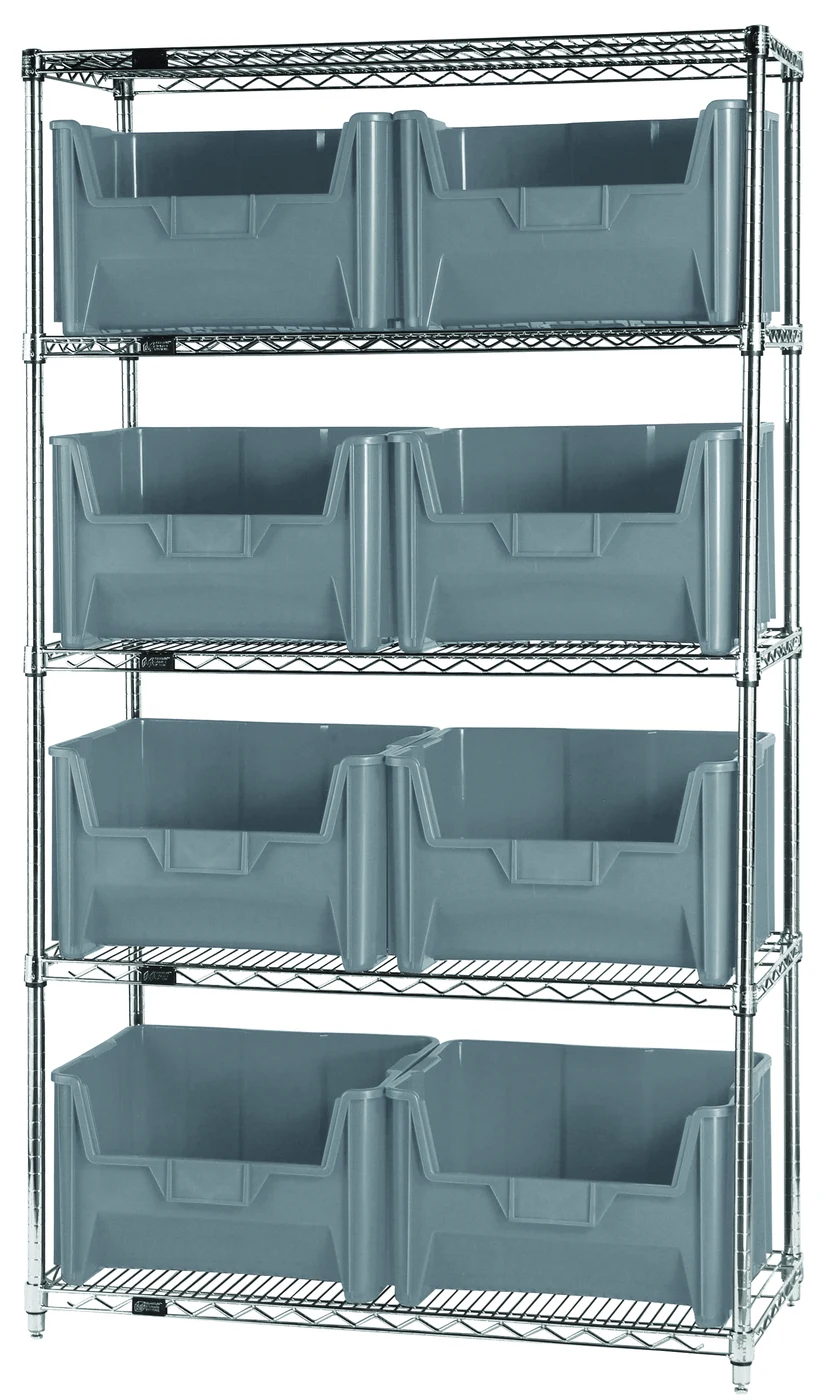 Quantum WR5-700GY Bin Wire Shelving System, 42"W x 18"D x 74"H, 800 lb capacity, Chrome