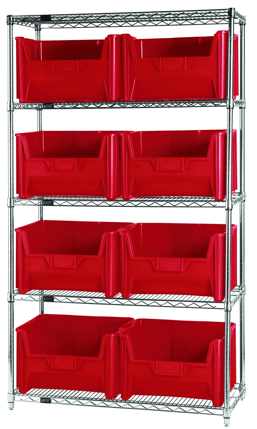 Quantum WR5-700RD Bin Wire Shelving System, 42"W x 18"D x 74"H, 800 lb capacity, Chrome