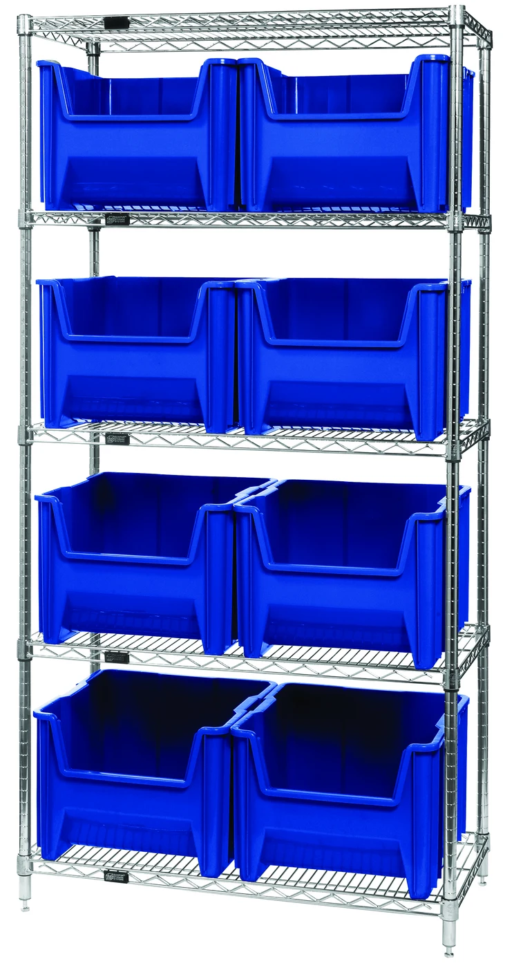 Quantum WR5-800BL Bin Wire Shelving System, 36"W x 18"D x 74"H, 800 lb capacity, Chrome