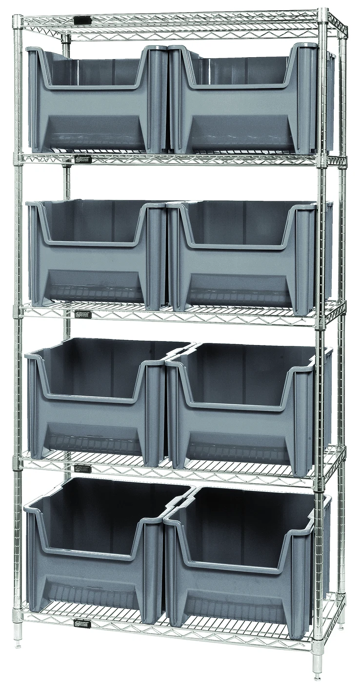 Quantum WR5-800GY Bin Wire Shelving System, 36"W x 18"D x 74"H, 800 lb capacity, Chrome