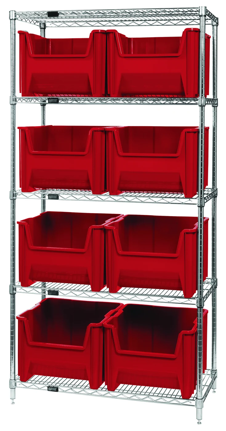 Quantum WR5-800RD Bin Wire Shelving System, 36"W x 18"D x 74"H, 800 lb capacity, Chrome