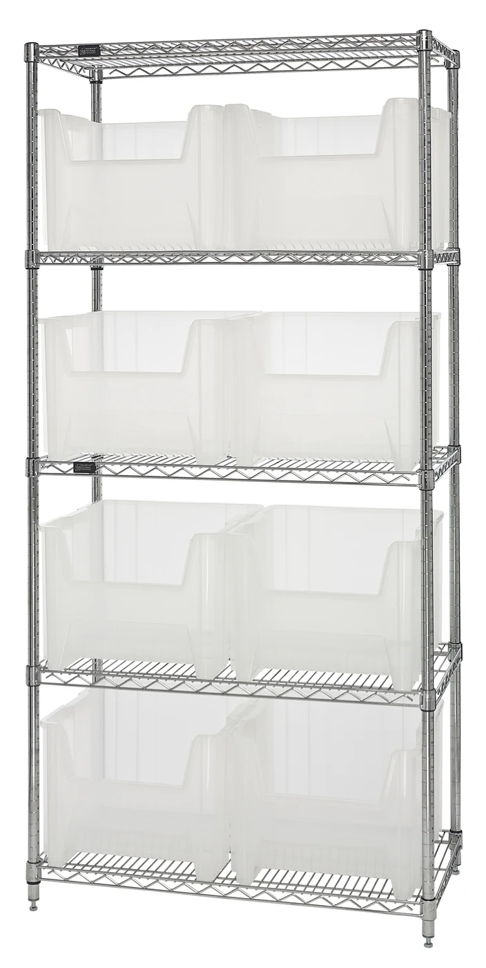 Quantum WR5-800CL Bin Wire Shelving System, 36"W x 18"D x 74"H, 800 lb capacity, Chrome