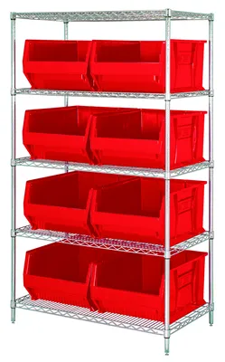 Quantum WR5-955RD Bin Wire Shelving System, 42"W x 24"D x 74"H, 800 lb capacity, Chrome