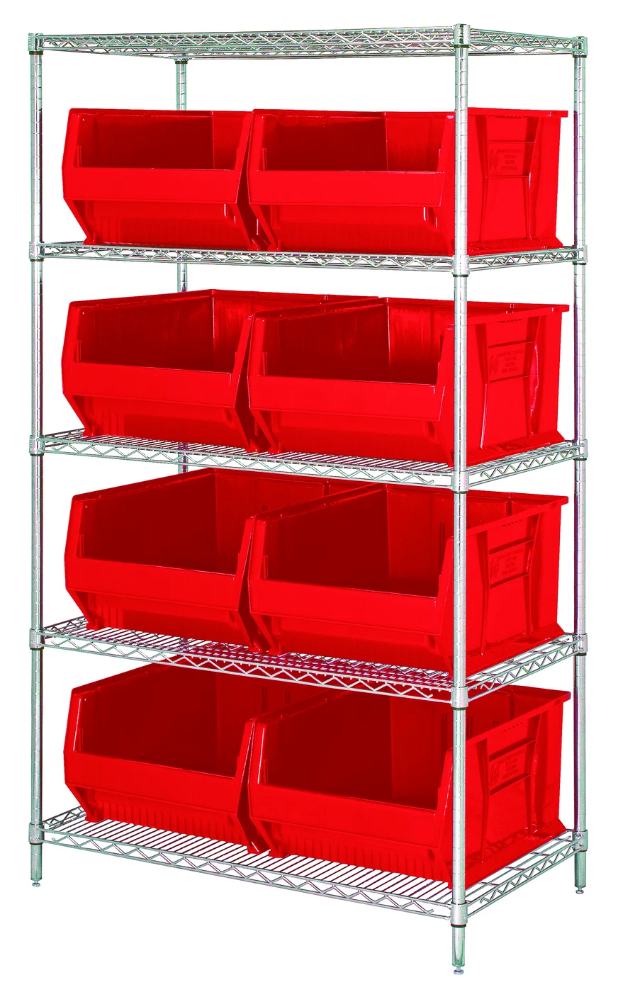Quantum WR5-955RD Bin Wire Shelving System, 42"W x 24"D x 74"H, 800 lb capacity, Chrome