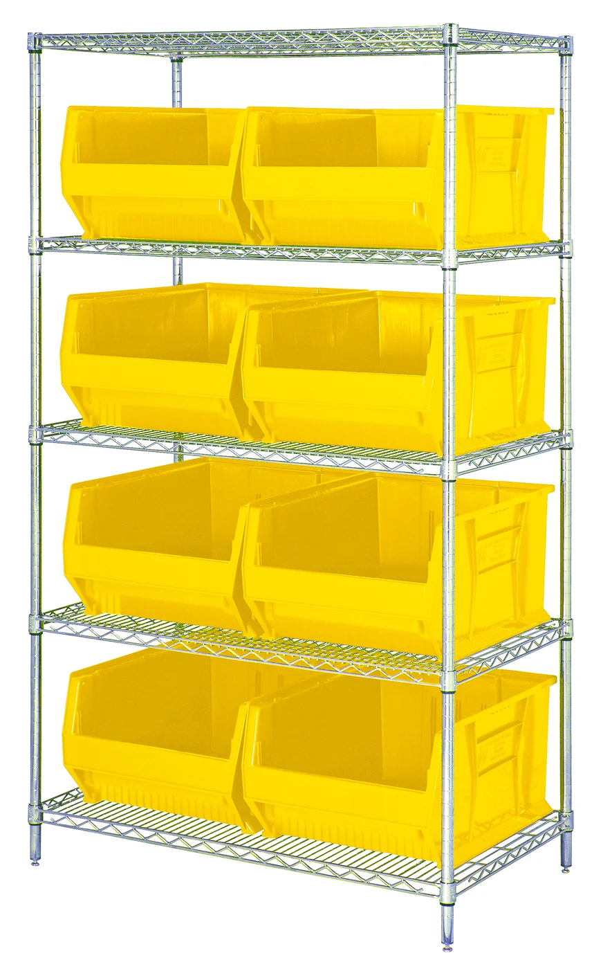 Quantum WR5-955YL Bin Wire Shelving System, 42"W x 24"D x 74"H, 800 lb capacity, Chrome