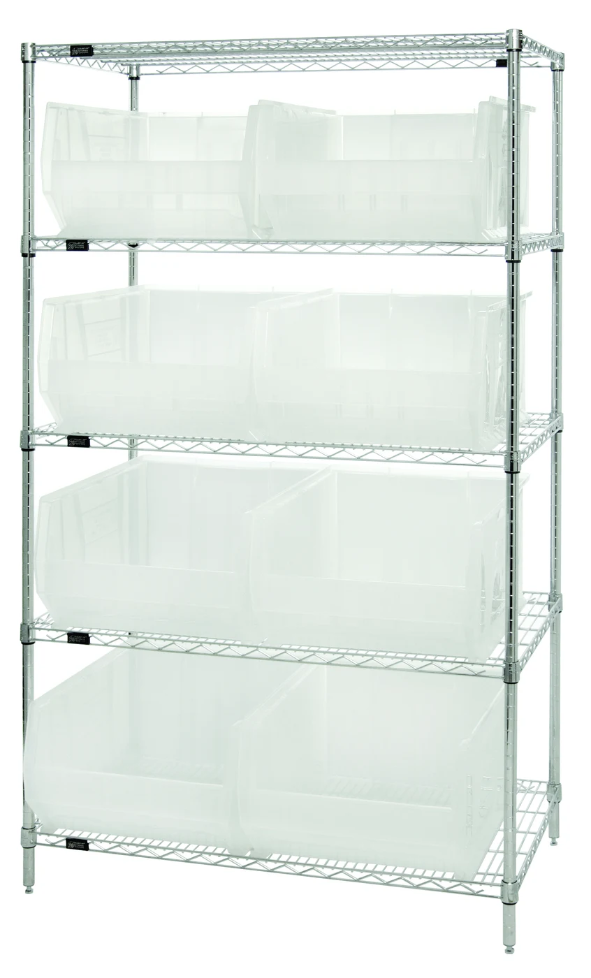 Quantum WR5-955CL Bin Wire Shelving System, 42"W x 24"D x 74"H, 800 lb capacity, Chrome