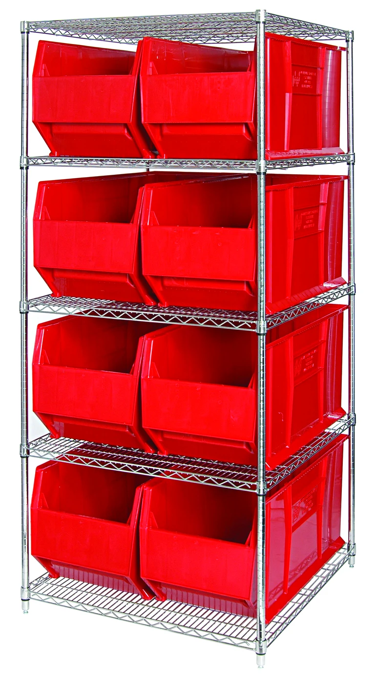 Quantum WR5-993RD Bin Wire Shelving System, 36"W x 36"D x 74"H, 600 lb capacity, Chrome