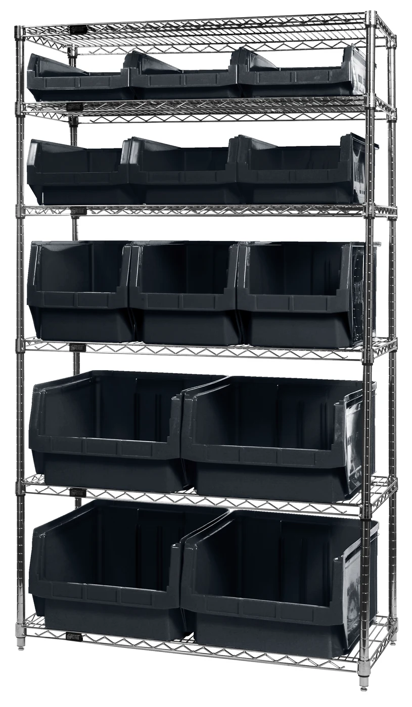 Quantum WR6-13-MIXBK Bin Wire Shelving System, 42"W x 18"D x 74"H, 800 lb capacity, Chrome
