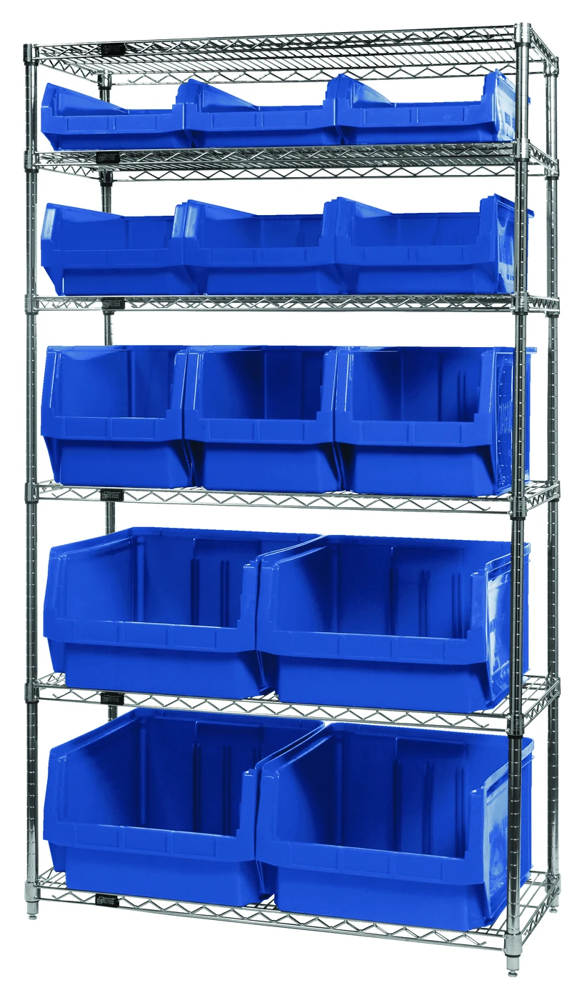 Quantum WR6-13-MIXBL Bin Wire Shelving System, 42"W x 18"D x 74"H, 800 lb capacity, Chrome