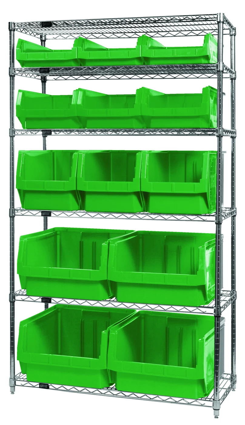 Quantum WR6-13-MIXGN Bin Wire Shelving System, 42"W x 18"D x 74"H, 800 lb capacity, Chrome