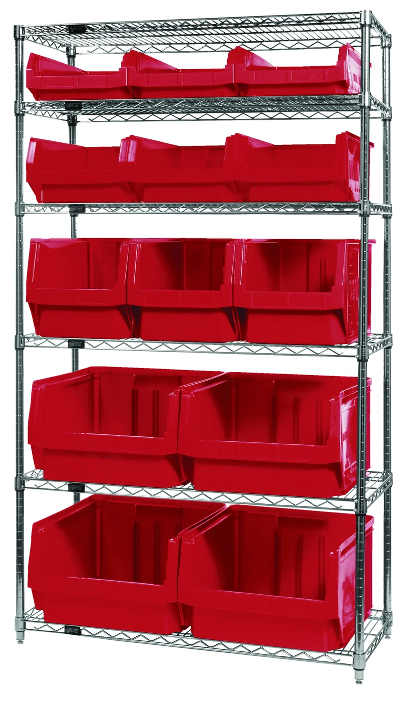 Quantum WR6-13-MIXRD Bin Wire Shelving System, 42"W x 18"D x 74"H, 800 lb capacity, Chrome