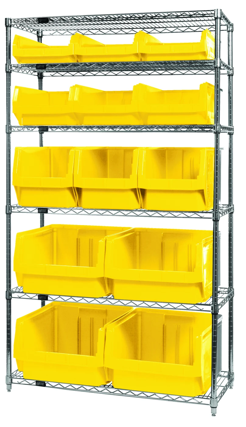 Quantum WR6-13-MIXYL Bin Wire Shelving System, 42"W x 18"D x 74"H, 800 lb capacity, Chrome