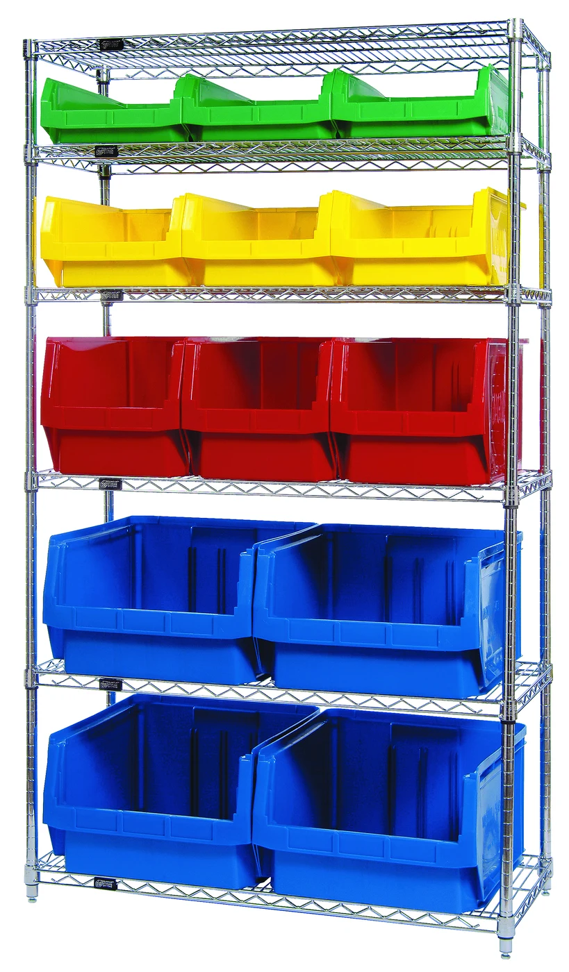 Quantum WR6-13-MIXMD Bin Wire Shelving System, 42"W x 18"D x 74"H, 800 lb capacity, Chrome