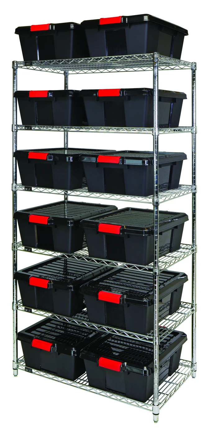 Quantum WR6-191507BK Bin Wire Shelving System, 36"W x 21"D x 74"H, 800 lb capacity, Chrome