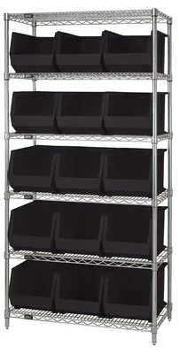 Quantum WR6-260BK Bin Wire Shelving System, 36"L x 18"D x 74"H, 800 lb capacity, Chrome