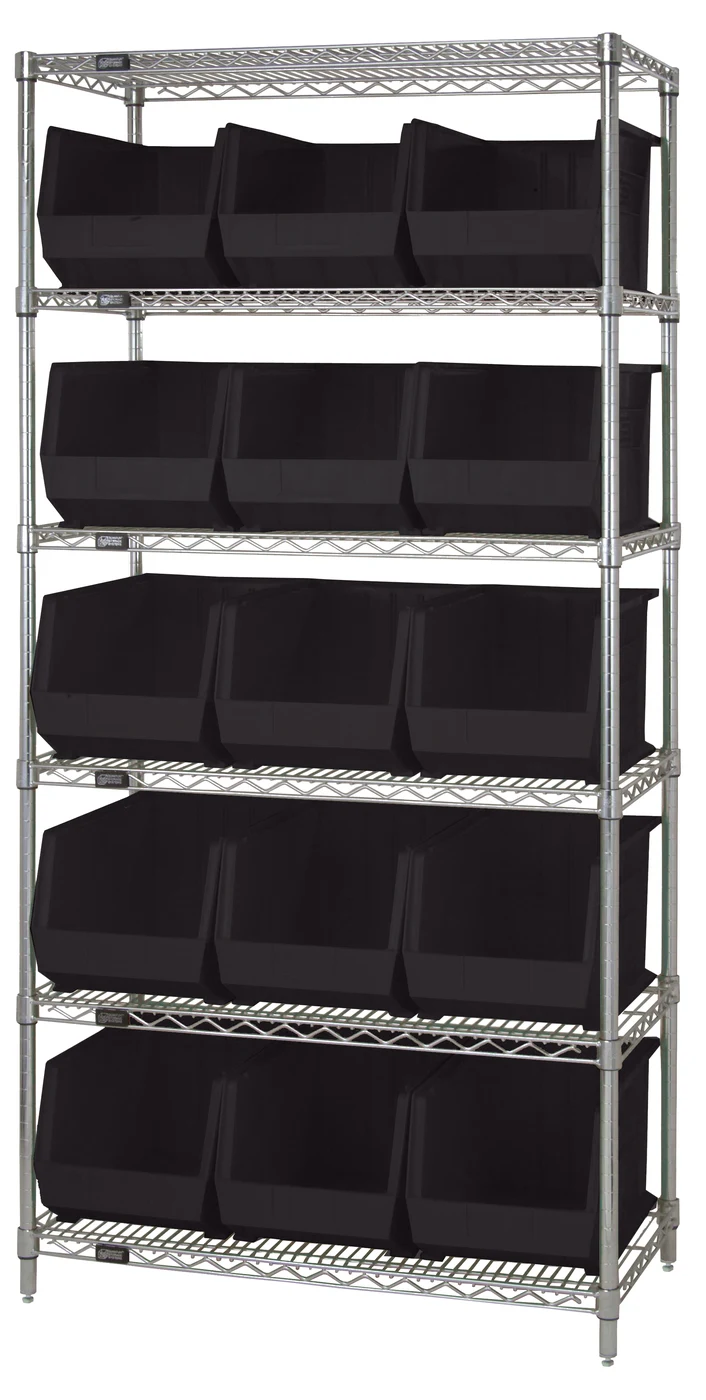 Quantum WR6-260BK Bin Wire Shelving System, 36"L x 18"D x 74"H, 800 lb capacity, Chrome