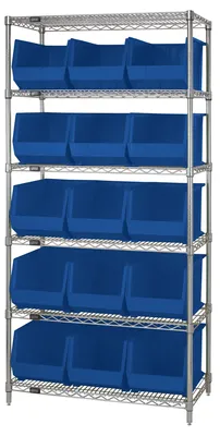 Quantum WR6-260BL Bin Wire Shelving System, 36"L x 18"D x 74"H, 800 lb capacity, Chrome