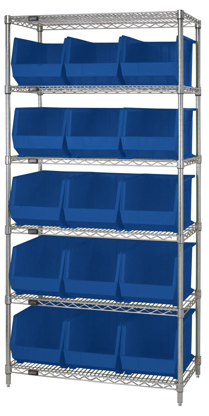 Quantum WR6-260BL Bin Wire Shelving System, 36"L x 18"D x 74"H, 800 lb capacity, Chrome