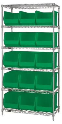 Quantum WR6-260GN Bin Wire Shelving System, 36"L x 18"D x 74"H, 800 lb capacity, Chrome