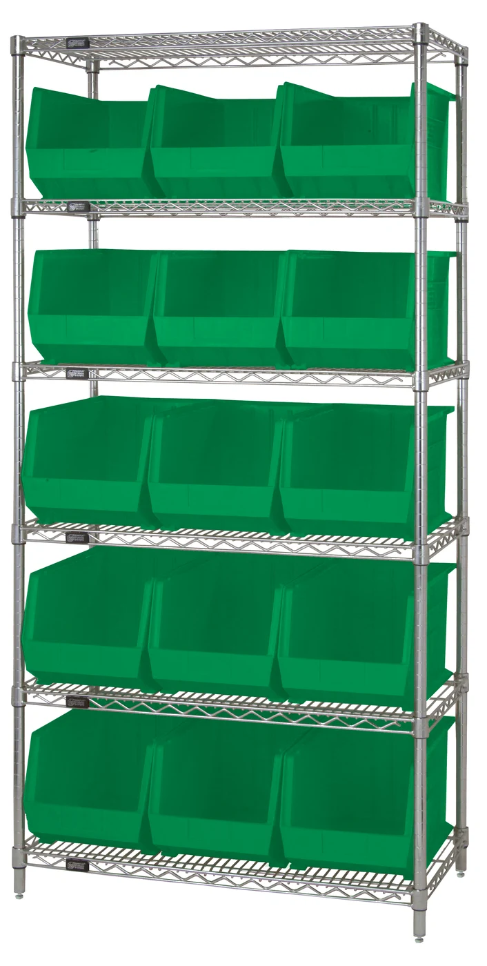 Quantum WR6-260GN Bin Wire Shelving System, 36"L x 18"D x 74"H, 800 lb capacity, Chrome