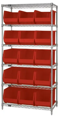 Quantum WR6-260RD Bin Wire Shelving System, 36"L x 18"D x 74"H, 800 lb capacity, Chrome