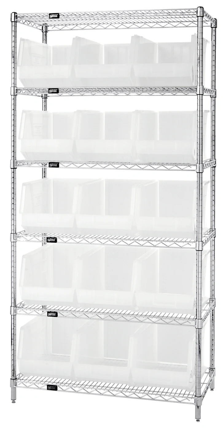 Quantum WR6-260CL Bin Wire Shelving System, 36"L x 18"D x 74"H, 800 lb capacity, Chrome