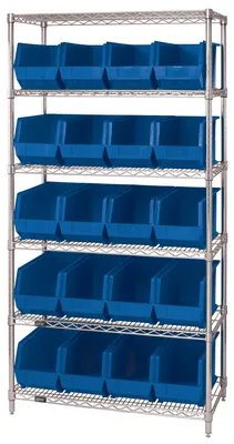 Quantum WR6-265BL Bin Wire Shelving System, 36"L x 18"D x 74"H, 800 lb capacity, Chrome