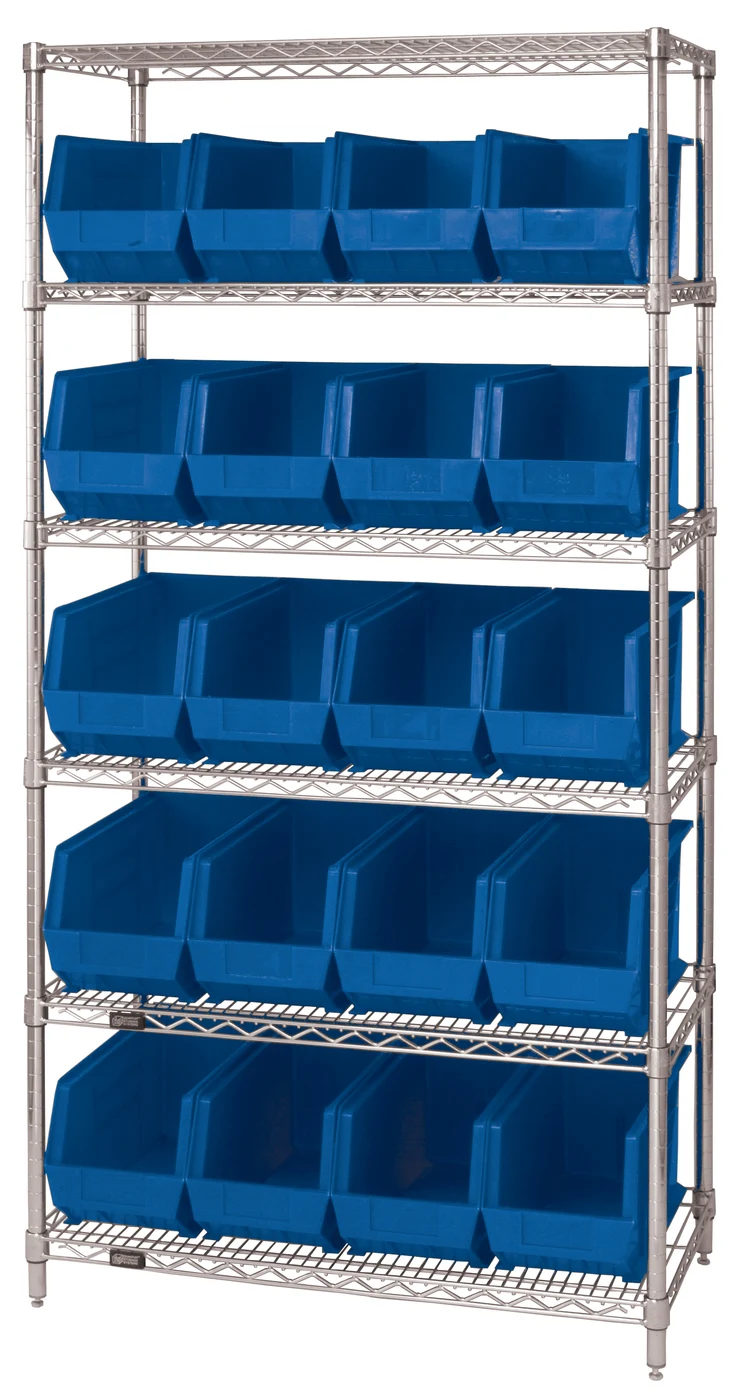 Quantum WR6-265BL Bin Wire Shelving System, 36"L x 18"D x 74"H, 800 lb capacity, Chrome