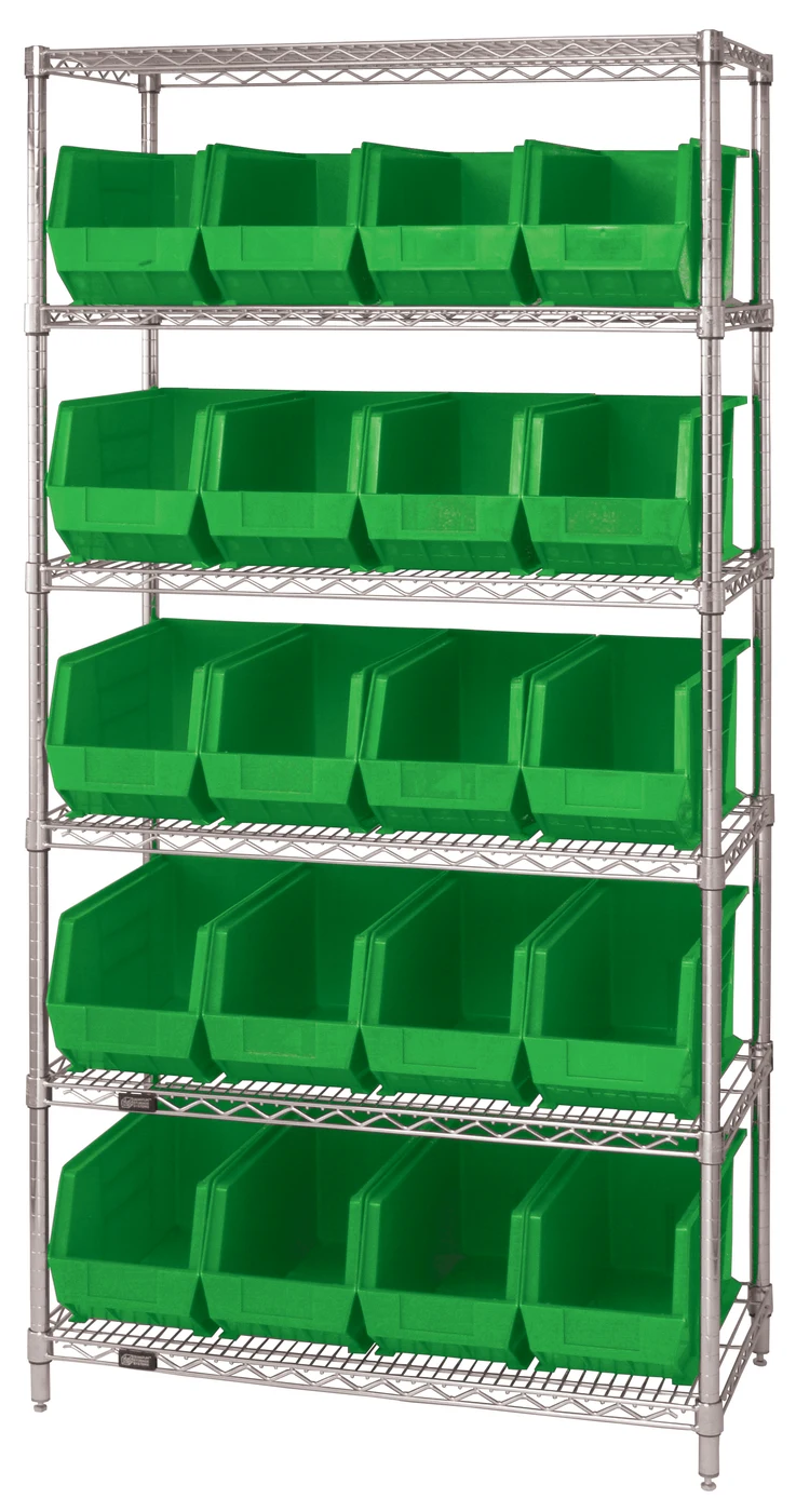 Quantum WR6-265GN Bin Wire Shelving System, 36"L x 18"D x 74"H, 800 lb capacity, Chrome