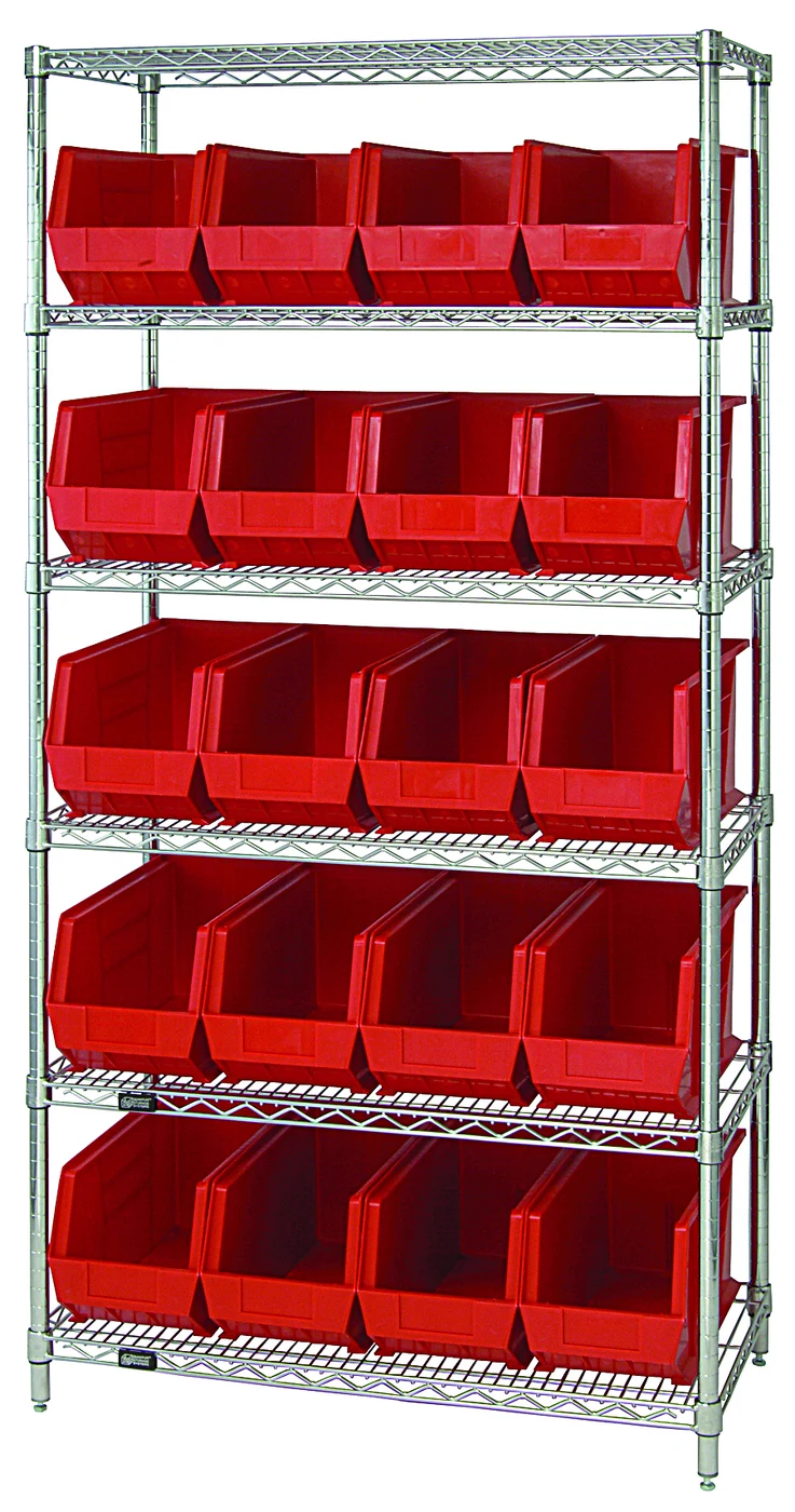 Quantum WR6-265RD Bin Wire Shelving System, 36"L x 18"D x 74"H, 800 lb capacity, Chrome
