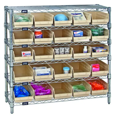 Quantum WR9-204BL Bin Wire Shelving System, 36"W x 18"D x 74"H, 800 lb capacity, Chrome — in use
