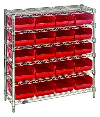 Quantum WR6-36-1236-107RD Bin Wire Shelving System, 36"W x 12"D x 36"H, 800 lb capacity, Chrome