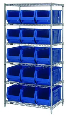 Quantum WR6-953BL Bin Wire Shelving System, 36"W x 24"D x 74"H, 800 lb capacity, Chrome