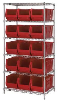 Quantum WR6-953RD Bin Wire Shelving System, 36"W x 24"D x 74"H, 800 lb capacity, Chrome