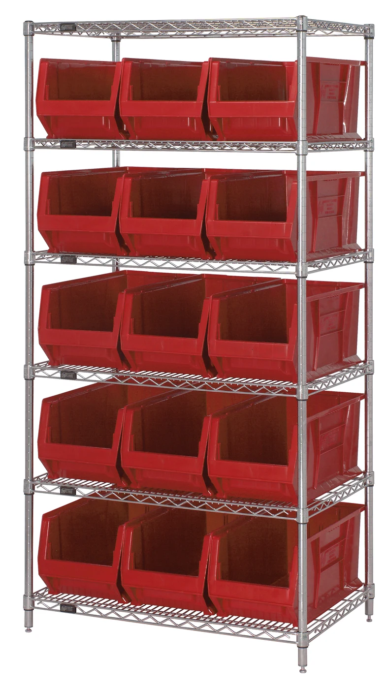 Quantum WR6-953RD Bin Wire Shelving System, 36"W x 24"D x 74"H, 800 lb capacity, Chrome