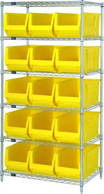 Quantum WR6-953YL Bin Wire Shelving System, 36"W x 24"D x 74"H, 800 lb capacity, Chrome