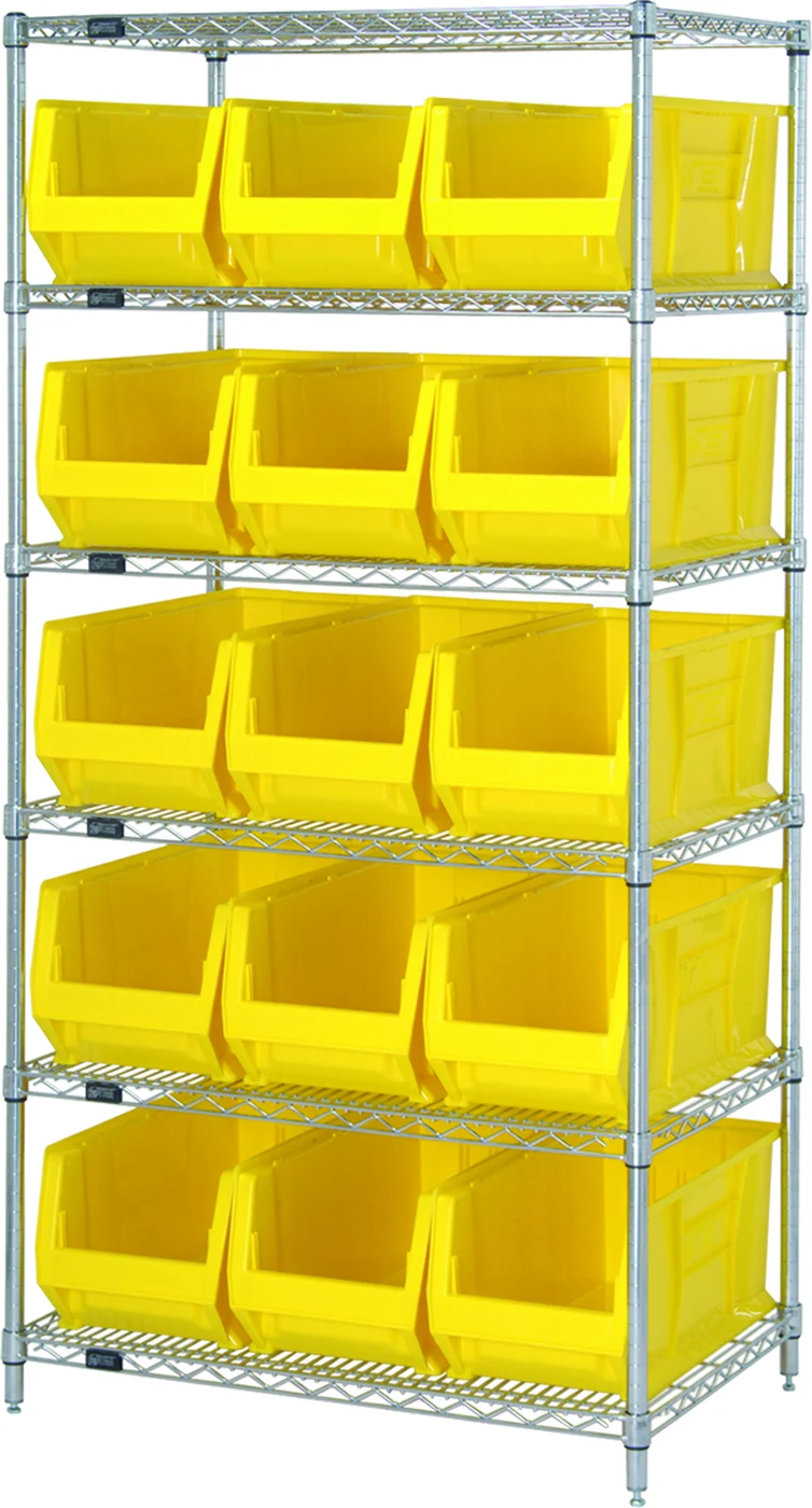 Quantum WR6-957YL Bin Wire Shelving System, 48"W x 24"D x 74"H, 800 lb capacity, Chrome