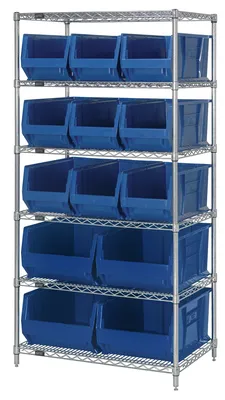 Quantum WR6-953954BL Bin Wire Shelving System, 36"W x 24"D x 74"H, 800 lb capacity, Chrome