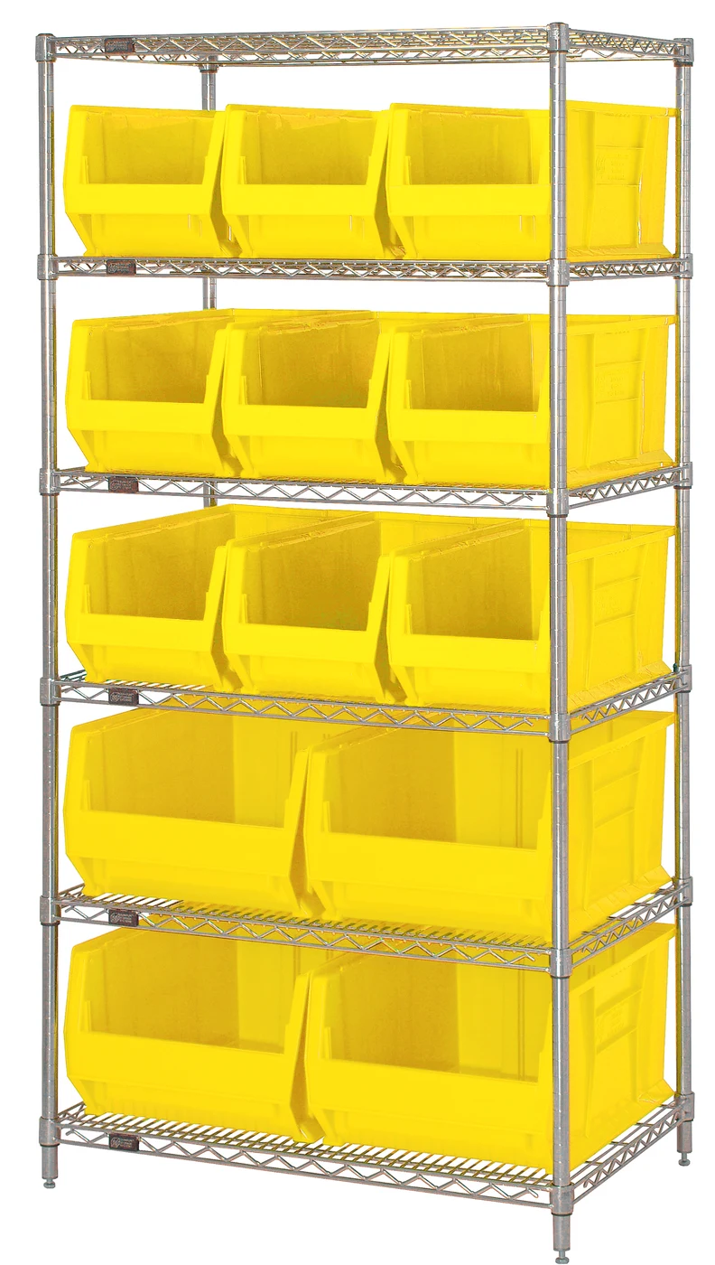 Quantum WR6-953954YL Bin Wire Shelving System, 36"W x 24"D x 74"H, 800 lb capacity, Chrome