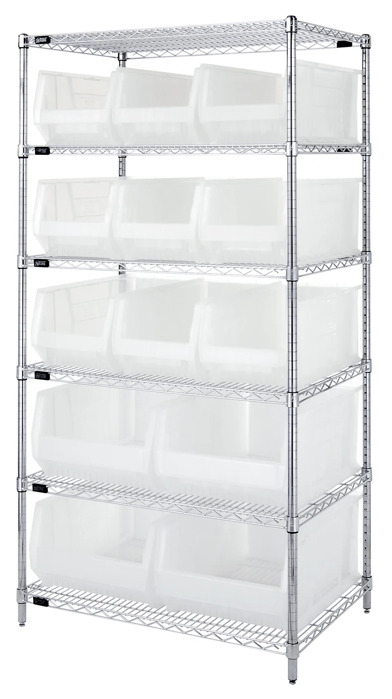 Quantum WR6-953954CL Bin Wire Shelving System, 36"W x 24"D x 74"H, 800 lb capacity, Chrome