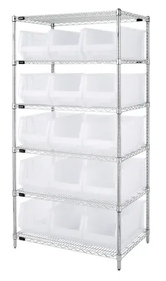 Quantum WR6-953CL Bin Wire Shelving System, 36"W x 24"D x 74"H, 800 lb capacity, Chrome